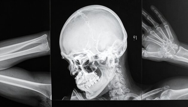X‑ray skull and hand bones.