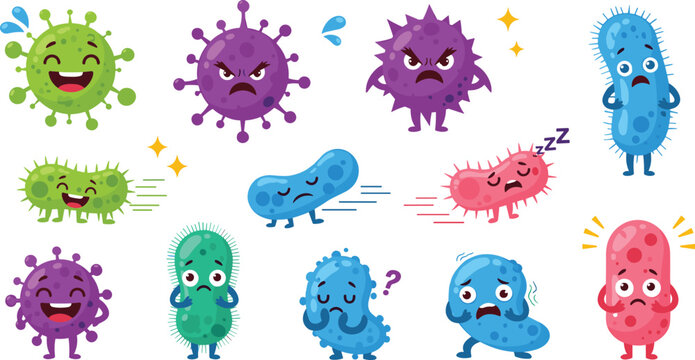 Cute cartoon bacteria and virus characters set with different emotions, colorful germs microorganisms illustration for healthcare and microbiology design