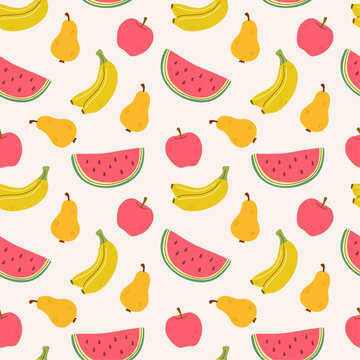 Seamless doodle pattern with fruits. Apple, pear, watermelon, banana