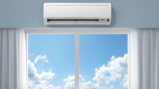 Modern wall mounted air conditioning system cooling a bright room with a sunny sky window background.