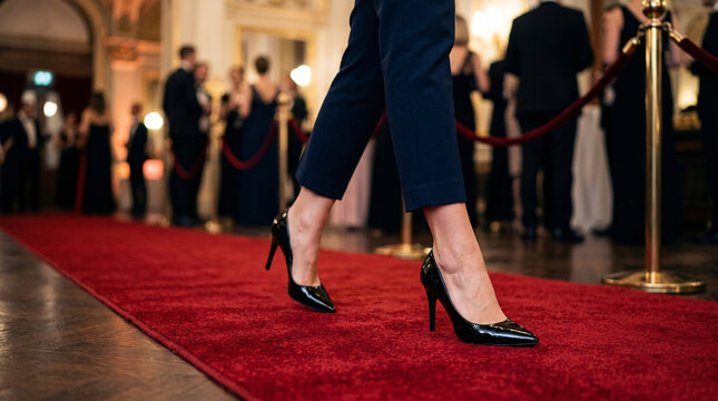 Femme &eacute;l&eacute;gante marchant sur tapis rouge lors d&rsquo;un &eacute;v&eacute;nement