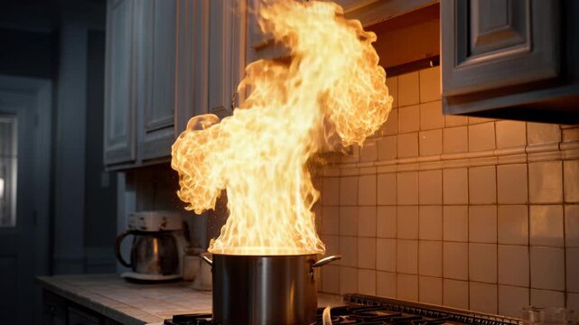 Dangerous kitchen fire with a huge flame bursting out of a metal pot on a gas stove top.