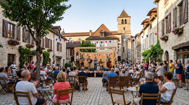 Concert en plein air dans un village avec public