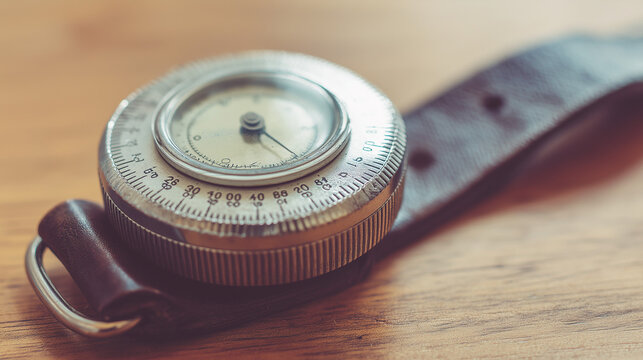 pedometer. Vintage mechanical pedometer clipped to a leather belt, detailed metal casing in soft daylight. lifestyle magazines.