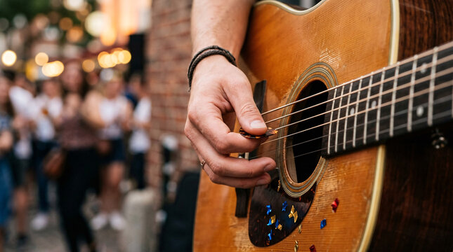 Main jouant de la guitare acoustique en ext&eacute;rieur