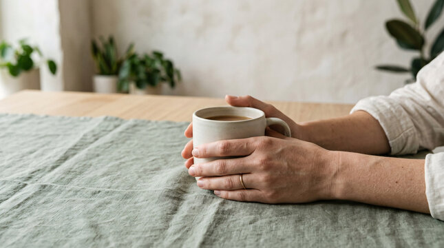 Tasse de caf&eacute; tenue &agrave; deux mains en int&eacute;rieur
