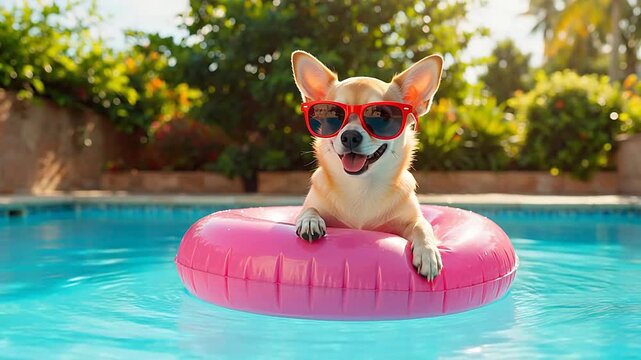 Dog in pool wearing sunglasses