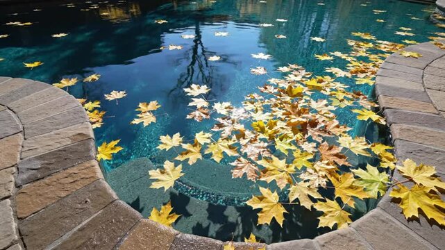 Tranquil Autumn Scene: Vibrant Yellow Maple Leaves Floating on Calm Blue Water in a Swimming Pool