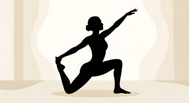 Woman in King Pigeon Pose Yoga Silhouette on Beige Gradient Background. Graceful black silhouette of a flexible woman performing Eka Pada Rajakapotasana