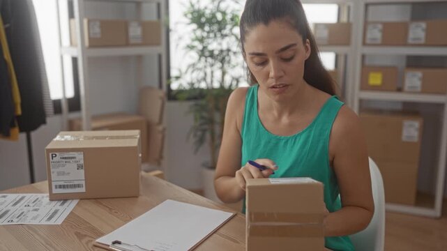 Woman lifts small cardboard package at desk in a sunlit building mailroom; determination and efficiency.