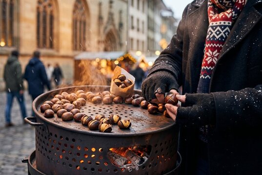 Front close-up of gloved hands scoring raw chestnuts beside a glowing iron Marroni drum with snow at a Swiss old-town market.