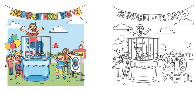 Children playing dunk tank game at a school fun day, coloring book page and full color illustration set