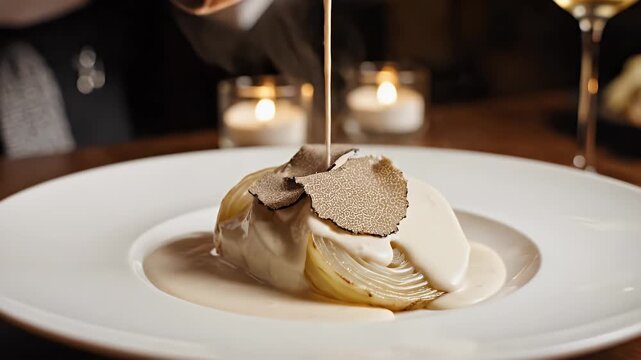 Chef Slicing Whole Roasted Celeriac Seasoned with Herbs and Spices Creating a Delicious Vegetarian Entree Ready for Plating with Toasted Nuts and Truffles