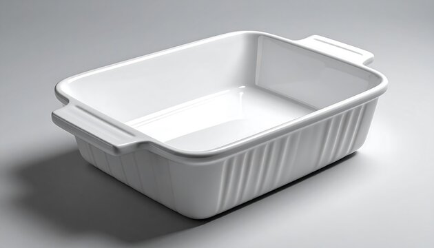 A white rectangular ceramic baking dish with a glossy finish. It has handles on each side and a ribbed exterior. Shadowed on a light grey surface