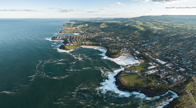 Aerial View of Kiama Coastline with Surf Beach Kendalls Beach and Bombo Beach NSW Australia