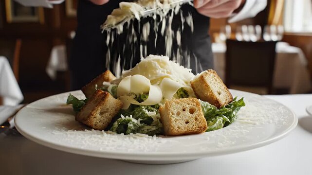 Classic Caesar Salad Preparation Chef Grates Parmesan Cheese Tableside for Fresh Dining Experience Elegant Restaurant Setting