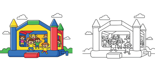 Fototapeta premium Diverse children playing in a bouncy castle, coloring book page and full color illustration set
