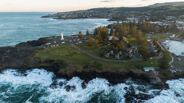 Aerial View of Kiama Coastline with Surf Beach Kendalls Beach and Bombo Beach NSW Australia
