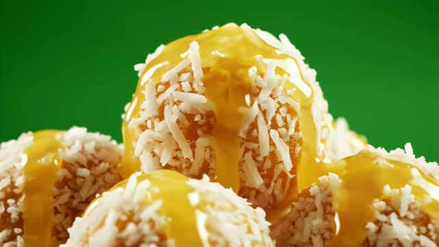 Close Up of Delicious Coconut Balls Drizzled With Bright Yellow Lemon Sauce Against a Vibrant Green Background in Studio Lighting