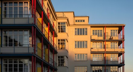Obraz premium Modernist Apartment Building Facade at Sunset