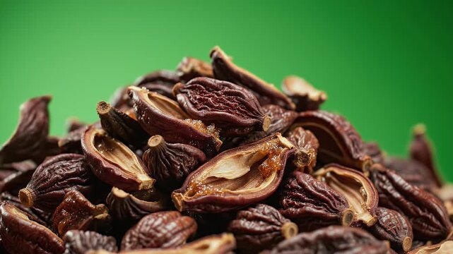 Close Up Of Fermented Coffee Cascara Dried Fruit Pile With Detailed Texture And Rich Dark Brown Color On Green Screen Background Cinematic Food Product Shot