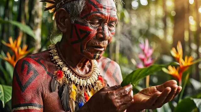 Indigenous elder, traditionally painted, examines a rainforest leaf, conveying ancestral wisdom and ecological harmony, a timely message for Indigenous Peoples Day and International Youth Day.
