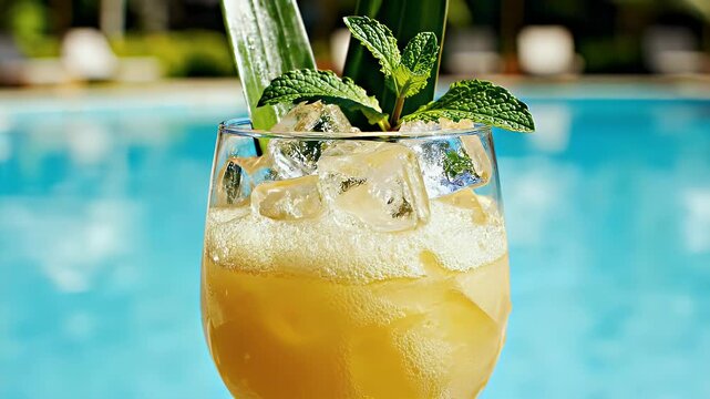 Close Up of Fresh Pineapple Juice Being Poured into a Glass with Ice Cubes and Garnished with Mint Leaves and Pineapple Fronds Near a Swimming Pool on a Sunny Day