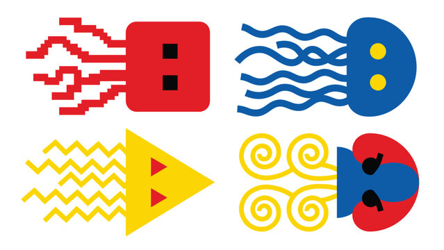 Playful Abstract Marine Life Vector Set with Geometric and Pixel Art Elements