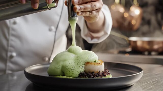 Close-up shot of a chef garnishing seared scallops with green foam using a siphon in a professional kitchen with copper pots in the background and soft lighting