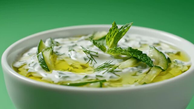 Refreshing Creamy Tzatziki Dip With Cucumber And Mint In White Bowl Studio Shot Macro Food Commercial With Green Background And Dramatic Lighting