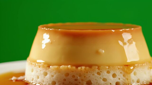 Rich Filipino Puto Flan Dessert with Caramel Drizzle Isolated on Green Screen Background in Cinematic Food Commercial Lighting