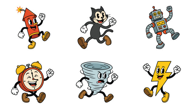 Vintage 1930s Rubber Hose Cartoon Characters Running. Retro mascots: firecracker, cat, robot, clock, tornado, lightning bolt.