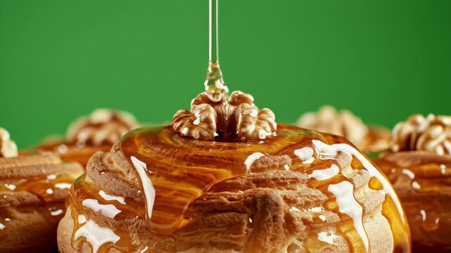 Sweet Bosnian Hurmasice Dessert With Honey And Walnuts Drizzled In Close Up Against A Green Studio Background