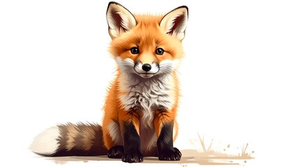 Fototapeta premium Adorable, digitally rendered fox cub with bright orange fur, white chest, and bushy tail. Sitting upright, gazing forward with curious eyes