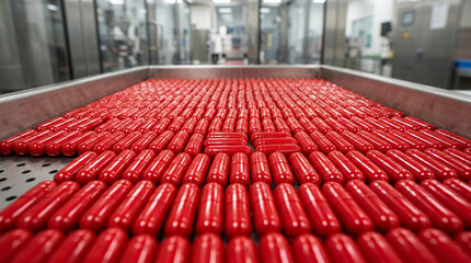 Fototapeta premium Rows of red cylindrical objects on conveyor belt.