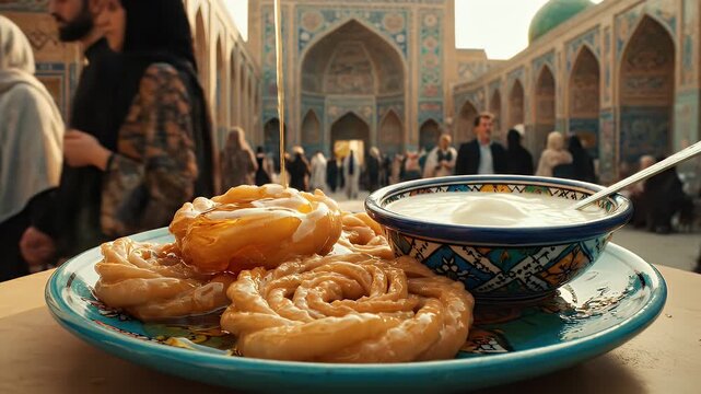 Traditional Persian Zulbia Bamieh Pastries Deep Fried in Hot Oil with Syrup Drizzled Served with Yogurt Dip in Historic Courtyard Background with People Walking