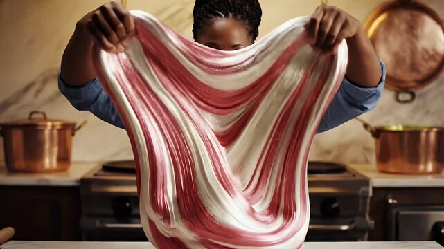 Woman Joyfully Pulling Pink and White Striped Taffy Candy in a Classic Kitchen Setting with Copper Pots and Marble Countertops