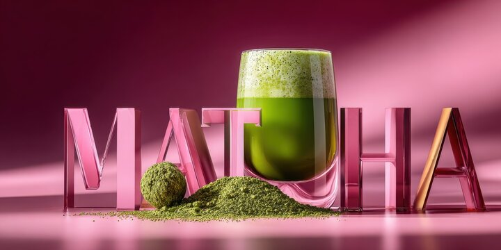 Matcha Drink Poster Pink Background Green Tea Beverage Cafe Restaurant Banner