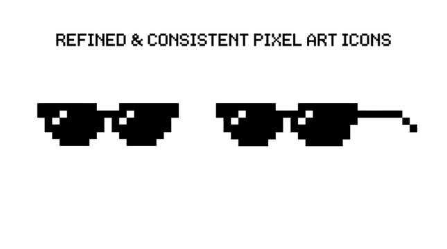 Pixel sunglasses vector illustration set with curved design, rectangular style, meme art, cool attitude, deal with it symbol, retro digital pixel graphic collection