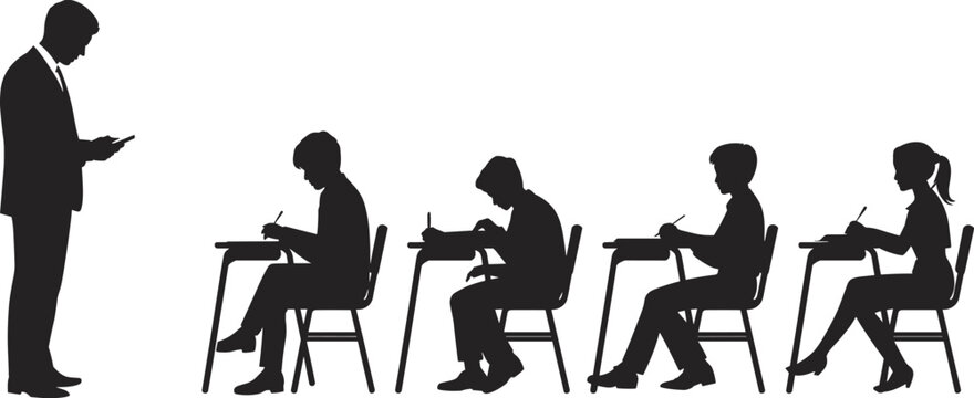 Silhouette of a professional male teacher or proctor supervising diverse students sitting at desks taking an exam in a classroom setting.