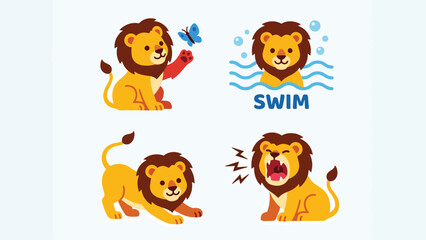 Naklejka premium Cute Cartoon Lion Character Set: Playful, Swimming, Stretching, Roaring Poses. Flat Design Animal Illustration.