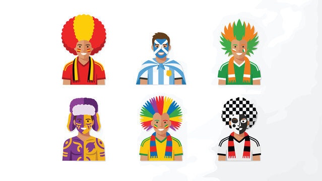 Cheerful Cartoon Sports Fan Avatars: Diverse Supporters with Colorful Wigs, Face Paint & Team Colors