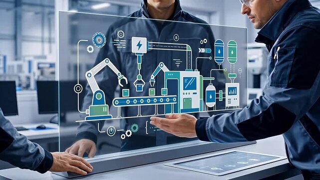 Engineers working with futuristic digital twin interface of factory production line, smart manufacturing process visualization, industrial automation and control system concept
