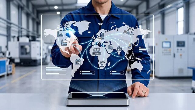 Technician interacting with global logistics map on holographic display, worldwide supply chain management and international trade network optimization in modern warehouse