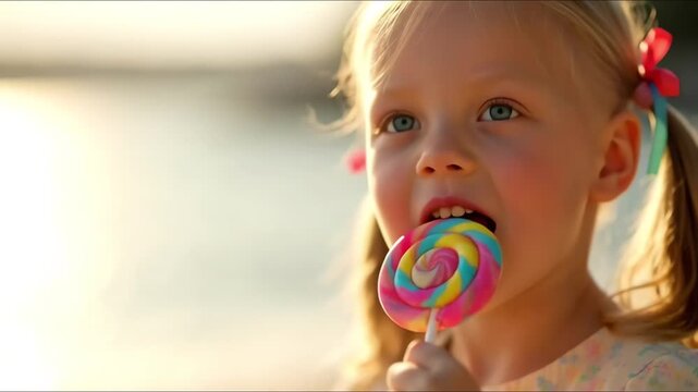 Little girl eating colorful lollipop outdoors.