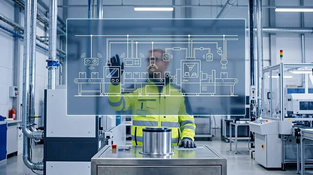 Industrial worker interacting with a transparent digital screen overlay, showing a smart factory production line diagram, and automation icons in a clean manufacturing facility