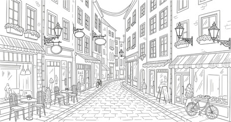 European old town street sketch with cafe terrace cobblestone road and vintage buildings for travel background or coloring © Bappi
