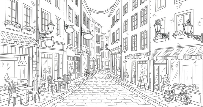 European old town street sketch with cafe terrace cobblestone road and vintage buildings for travel background or coloring