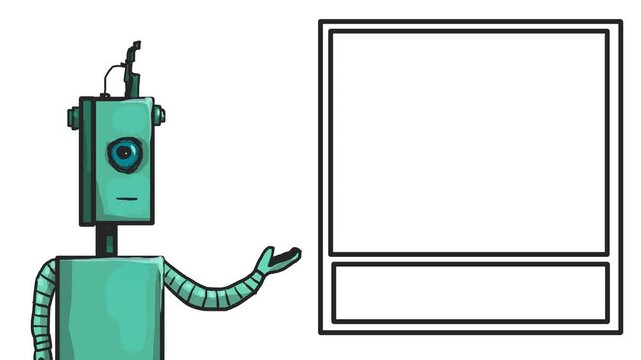 A cartoon robot is telling the viewer something, pointing at the frame. He also glances back and forth.