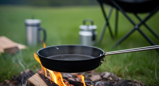 Cooking outdoors - A frying pan over a campfire.